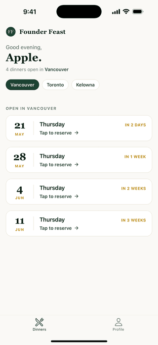 Founder Feast app - dinners
